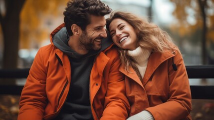 Fototapeta premium Happy couple on vacation. Lovers are laughing. Happy guy and girl. Lovers enjoy each other outdoor.