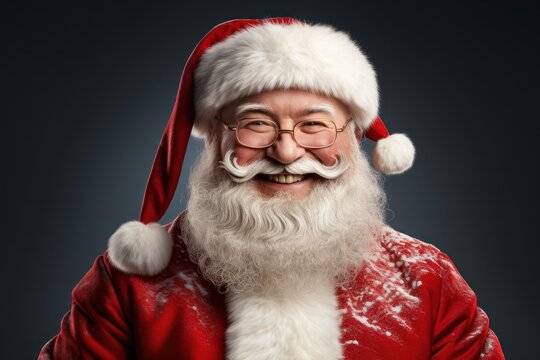 Close up photo of positive cheerful santa claus looking in camera wearing a red costume hat 