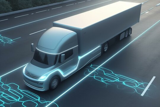 3D rendering of a truck on a lane for wireless charging. Generative AI