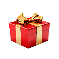 Red gift box with gold ribbon and bow on transparent background