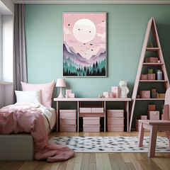 Interior design, girl's room in pink and green pastel colors, with a nice picture hanging and a lot...
