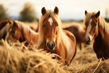 Horses munching hay with unfocused backdrop. Generative AI - obrazy, fototapety, plakaty