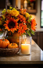 Autumn still life, Candle, autumn flowers sunflowers and vegetables, pumpkins on the table in a basket and vase
