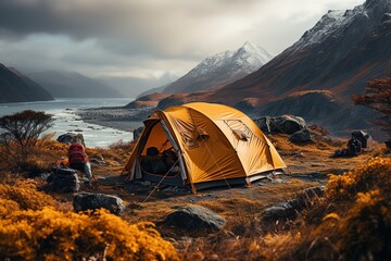 A tent perched on a rocky cliff offers an unbeatable view - obrazy, fototapety, plakaty