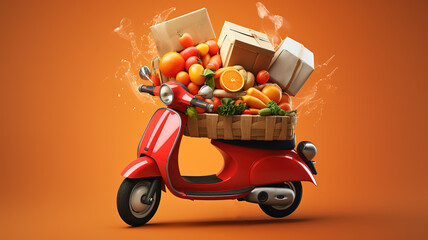 Delivery service scooter for delivery app with many products. Online food market store. Food delivery background concept with copy space