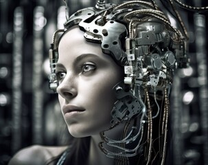 Woman in Cyberpunk Headpiece Gazing Ahead, Wires Surrounding, AI Robot Android Theme
