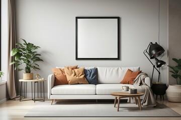 modern living room with square frame mockup. frame mockup in living room