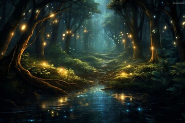 Mystical forest gleaming with ethereal glow and swarming fireflies. Generative AI