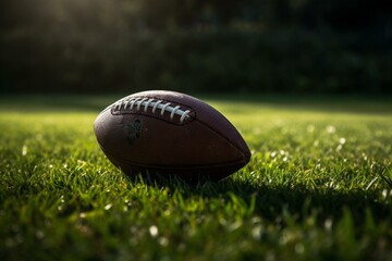 A football resting on green turf. Generative AI