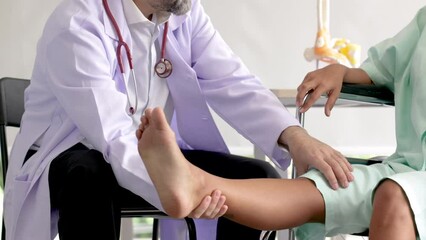 Physiotherapy Rehabilitation Scientists examine Hispanic patient leg injury standing without wheelchair, doctors use tablet computer to diagnose exercise walking in modern physical therapy hospital