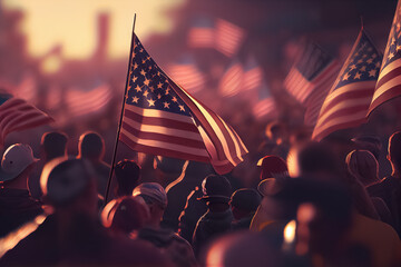 illustration of crowd american people waving with flag at memory day celebration . - obrazy, fototapety, plakaty