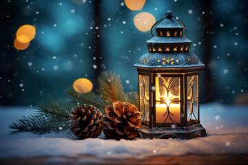 Beautiful street lantern with a candle with pine cones on a blue background, New Year theme, space for text, bokeh background