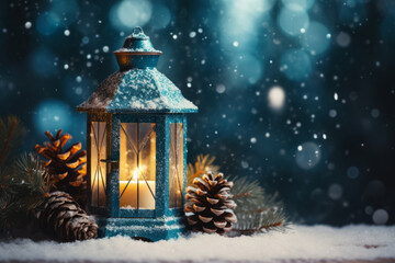 Beautiful street lantern with a candle with pine cones on a blue background, New Year theme, space...