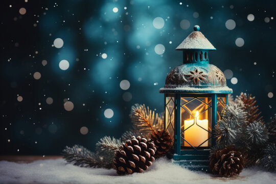 Beautiful street lantern with a candle with pine cones on a blue background, New Year theme, space for text, bokeh background
