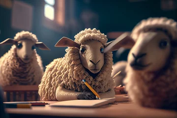 Fotobehang illustration of sheep sit at school in the classroom stupid students . © terra.incognita