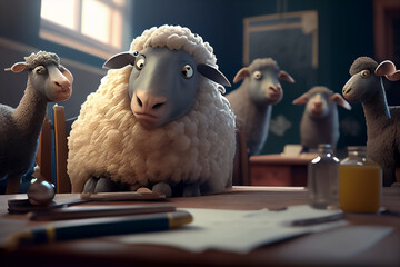illustration of sheep sit at school in the classroom stupid students . - obrazy, fototapety, plakaty