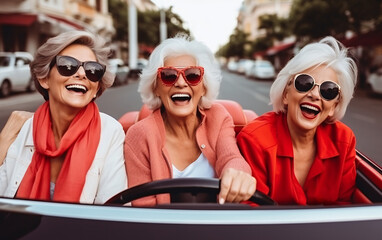Company of three elderly girlfriends of pensioners ride a cabrio car together and have fun - obrazy, fototapety, plakaty