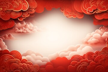 A vibrant red sky with fluffy clouds