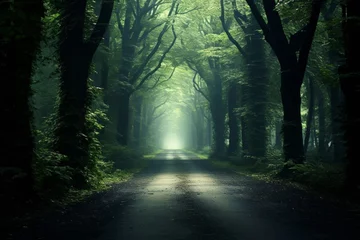 Gordijnen A scenic forest road with a captivating light at the end © Virginie Verglas