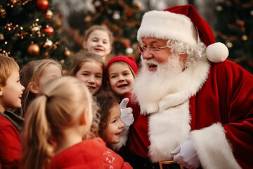 Children surrounding Santa Claus during a festive event