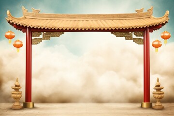 A traditional Chinese arch adorned with lanterns against a backdrop of beautiful clouds