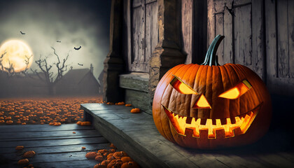 Halloween Pumpkin in front of an old house in a dark scenery - 659009697