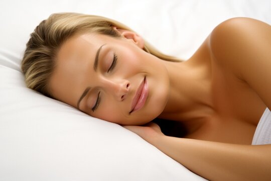 A serene and captivating woman resting on a pristine white bed