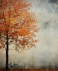 Poster Beautiful Fall background for letters, a bicycle parked under some grass near an autumn tree, vintage style poster in light blue and amber, moody and tranquil scene © Kresimir