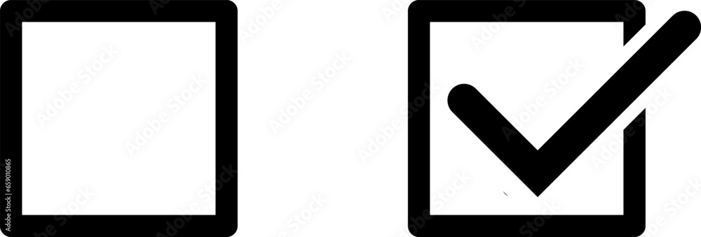 Poster checkbox selection choice icon set with empty blank box and box with tick checkmark. vector image.