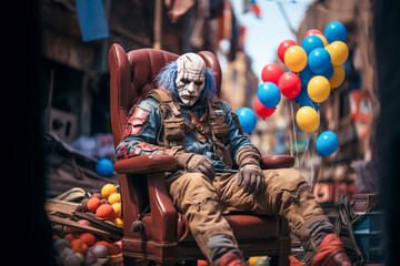 Obraz premium Horror clown sitting on chair with balloons around him