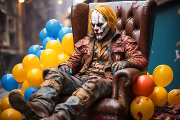 Gardinen Close up of a horror clown sitting on chair with balloons around him © michaelheim