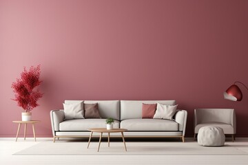 Minimalist pastel interior with burgundy wall and decor. Generative AI