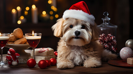 Christmas Puppy. Dog in santa claus hat