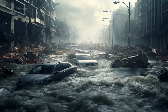 Devastated city streets, hurricane aftermath, floods, floating cars, boats, massive waves crashing. Generative AI