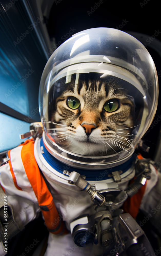 Wall mural cat astronaut in a spacesuit in a spaceship plows the expanses of the universe
