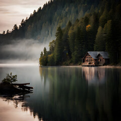 Fototapeta na wymiar A serene lakeside cabin with a misty forest in the background.