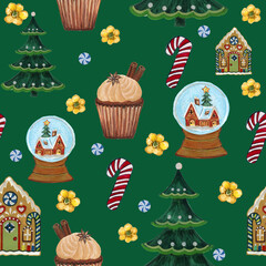 Santa Claus with snow and Blooming blossom garland watercolor vintage style pattern. Cute seamless