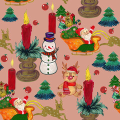 Santa Claus with snow and Blooming blossom garland watercolor vintage style pattern. Cute seamless