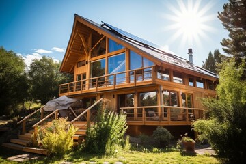 Stunning home with sustainable solar panels beneath a sunny, blue sky. Embracing ecological living. Generative AI