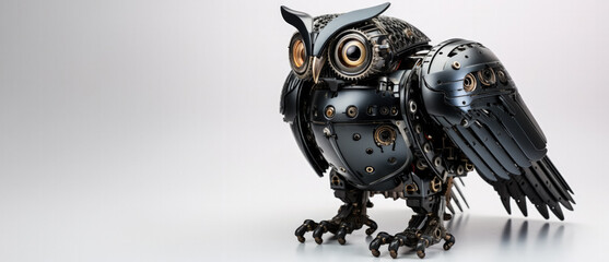 Nocturnal robotic owl observing with infrared vision isolated on a white background 