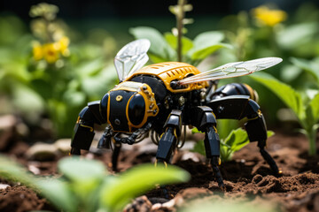 Robotic bees technologically advanced pollinators revitalizing agriculture in action  - obrazy, fototapety, plakaty