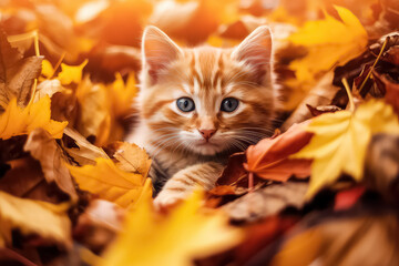Naklejka na ściany i meble cute cat in the autumn forest in sunlight,