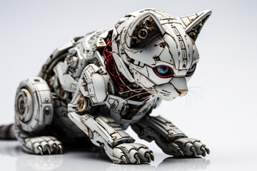 Robotic cat demonstrating playful behavior isolated on a white background 