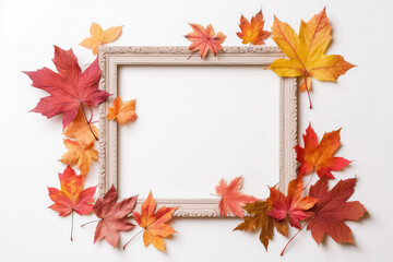 Naklejka na ściany i meble Photo frame with autumn leaves, thanksgiving day concept.