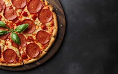 Delicious hot pepperoni pizza with tomato sauce, mozzarella, and basil on a wooden board over a dark black backdrop. Text copy space, banner design, and traditional Italian cuisine are 