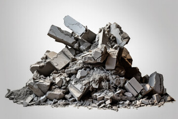 Rubble of a demolished building isolated on a gradient gray background 