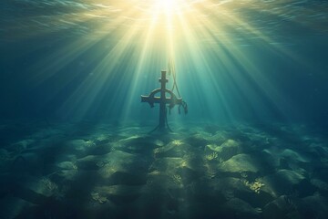Illustration of ancient anchor at ocean bottom with sunlight filtering through water. Underwater sunbeams and caustics. Generative AI