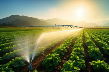 Farm field irrigation with sunlight. Generative AI