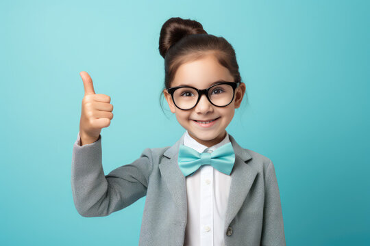 a cute girl in a bow tie and glasses giving a thumbs up, isolated on pastel blue background
