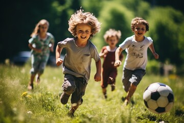 Children playing soccer football on the grass outside - obrazy, fototapety, plakaty